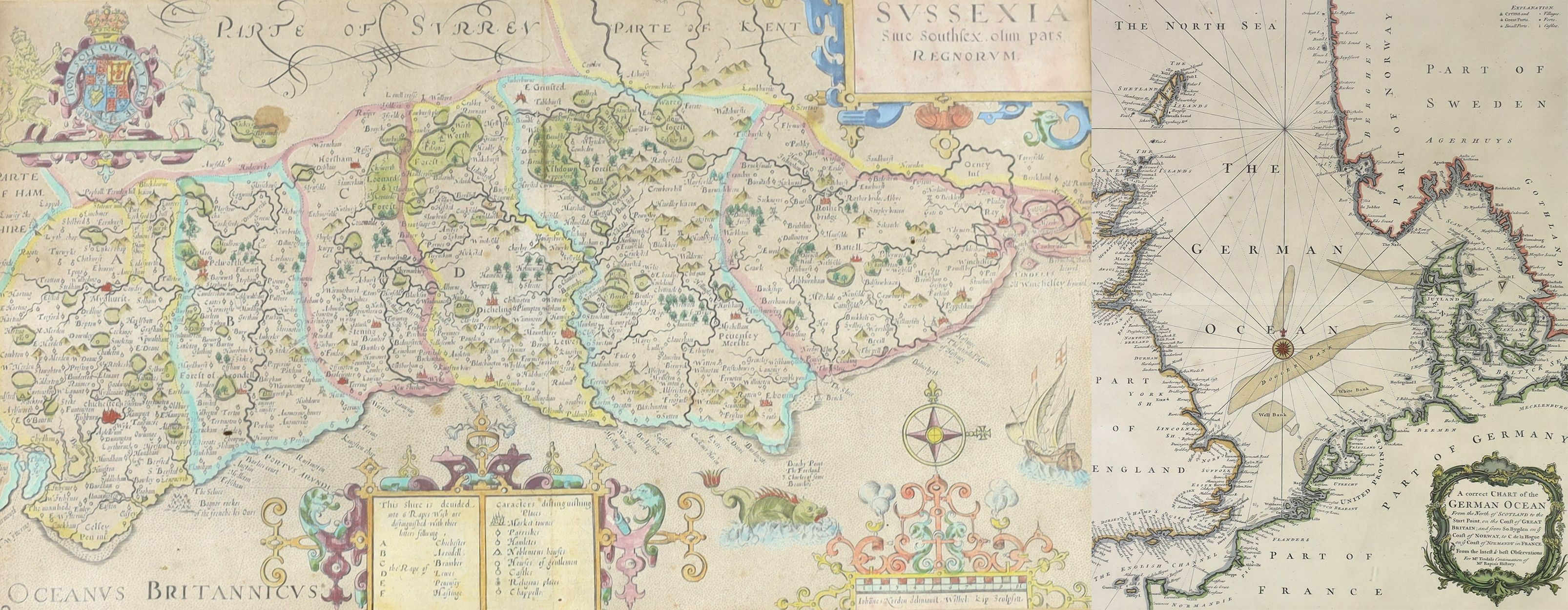 Norden, John. - Sussexia, engraved hand-coloured map of Sussex, framed and glazed, [1637], (image 22 x 39cms.) [Seale?] A correct chart of the German Ocean [i.e. North Sea]... for Mr Tindal’s continuation of Mr Rapin’s H